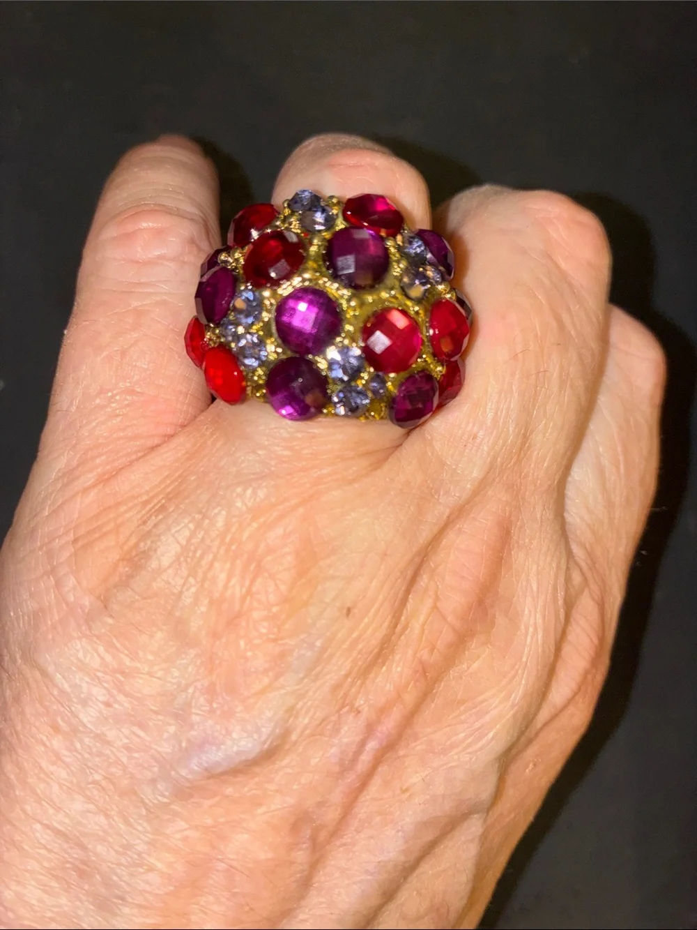 Silver Tone Red & Purple Cluster Statement Stretch Ring